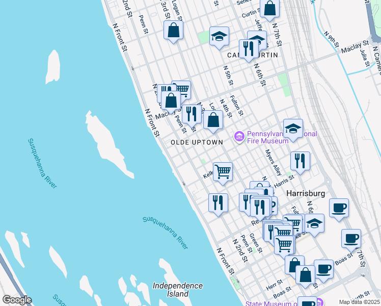 map of restaurants, bars, coffee shops, grocery stores, and more near in Harrisburg