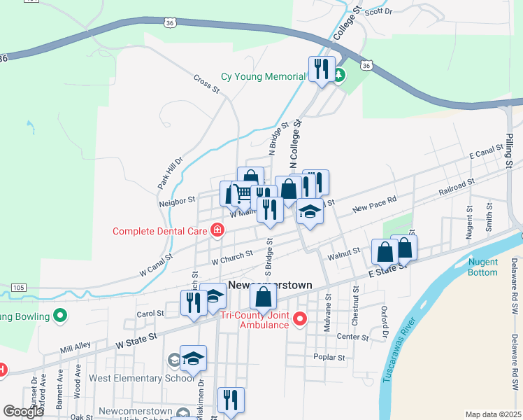 map of restaurants, bars, coffee shops, grocery stores, and more near 201 North Bridge Street in Newcomerstown
