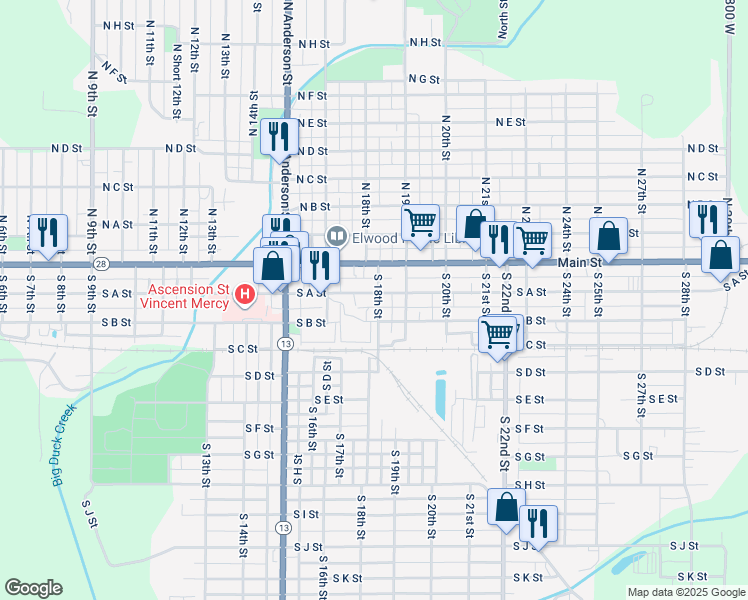 map of restaurants, bars, coffee shops, grocery stores, and more near 1808 South A Street in Elwood