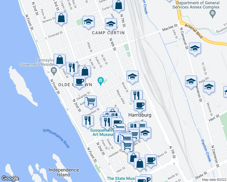 map of restaurants, bars, coffee shops, grocery stores, and more near 1730 Fulton Street in Harrisburg