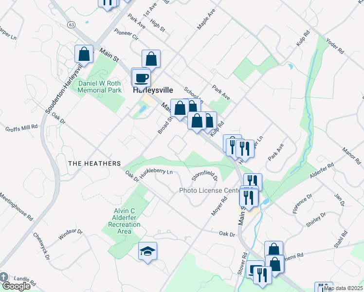 map of restaurants, bars, coffee shops, grocery stores, and more near 422 Main Street in Harleysville