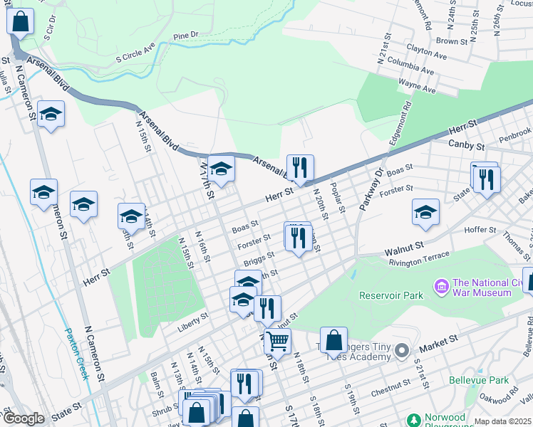 map of restaurants, bars, coffee shops, grocery stores, and more near 1831 Herr Street in Harrisburg