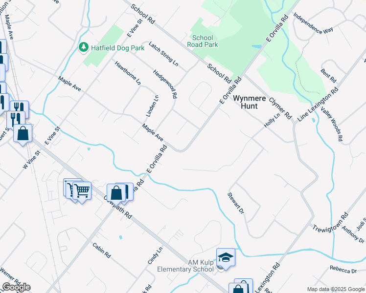 map of restaurants, bars, coffee shops, grocery stores, and more near 2302 East Orvilla Road in Hatfield