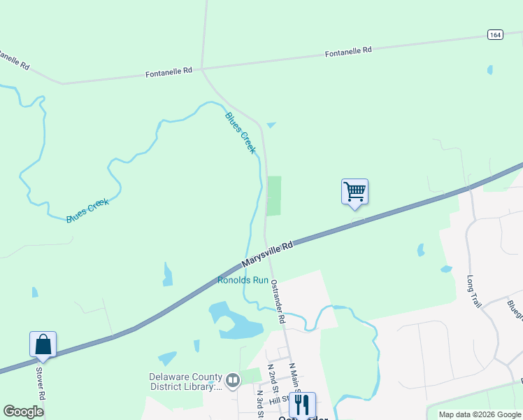 map of restaurants, bars, coffee shops, grocery stores, and more near 3480 Ostrander Road in Ostrander