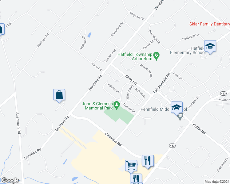 map of restaurants, bars, coffee shops, grocery stores, and more near 2886 Adams Drive in Hatfield