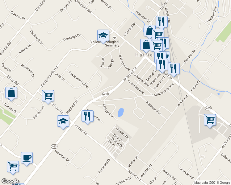 map of restaurants, bars, coffee shops, grocery stores, and more near 328 West Broad Street in Hatfield