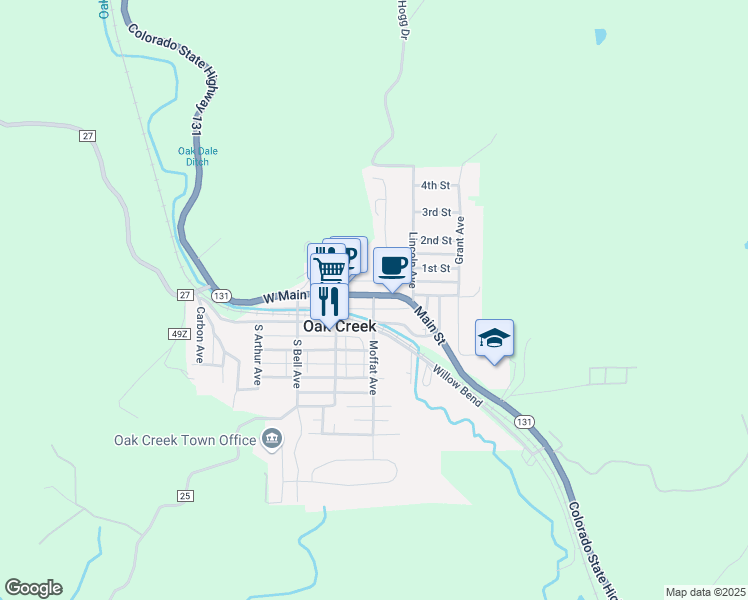 map of restaurants, bars, coffee shops, grocery stores, and more near 101 Moffat Avenue in Oak Creek