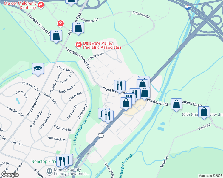 map of restaurants, bars, coffee shops, grocery stores, and more near in Lawrence Township