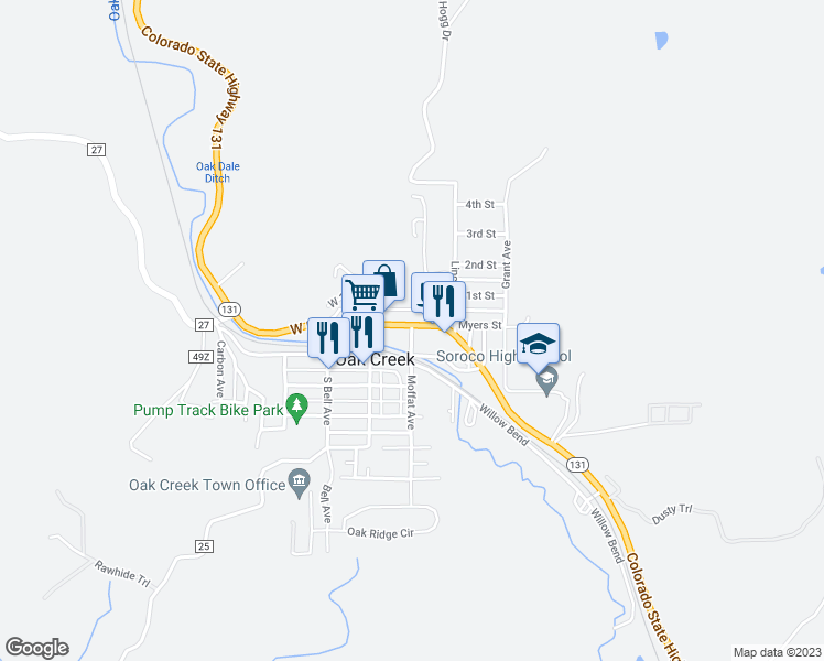 map of restaurants, bars, coffee shops, grocery stores, and more near 101 Moffat Avenue in Oak Creek