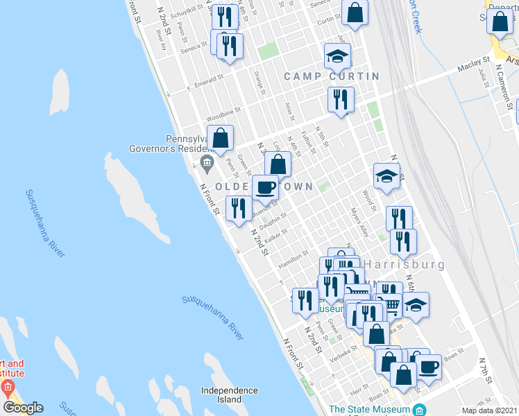 map of restaurants, bars, coffee shops, grocery stores, and more near 216 Muench Street in Harrisburg