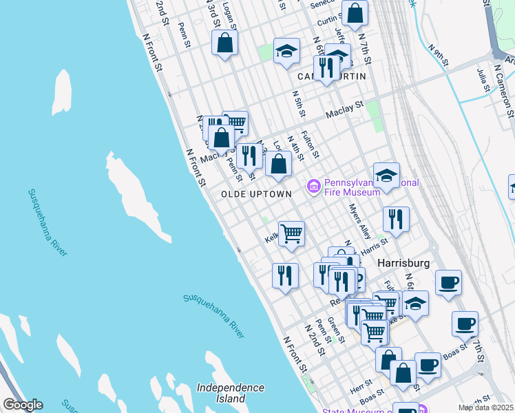 map of restaurants, bars, coffee shops, grocery stores, and more near 1903 Penn Street in Harrisburg