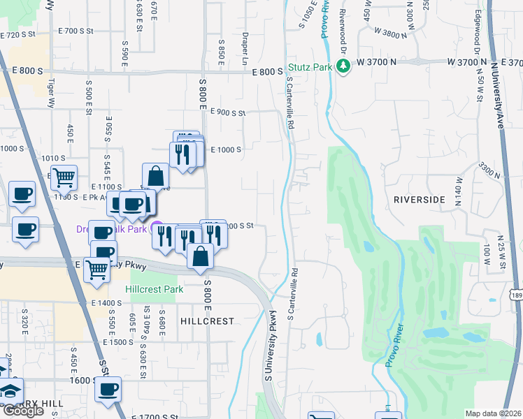 map of restaurants, bars, coffee shops, grocery stores, and more near 1155 South Palisades Drive in Orem