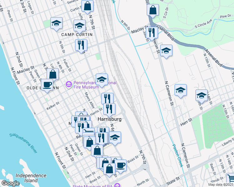 map of restaurants, bars, coffee shops, grocery stores, and more near 1635 North 7th Street in Harrisburg