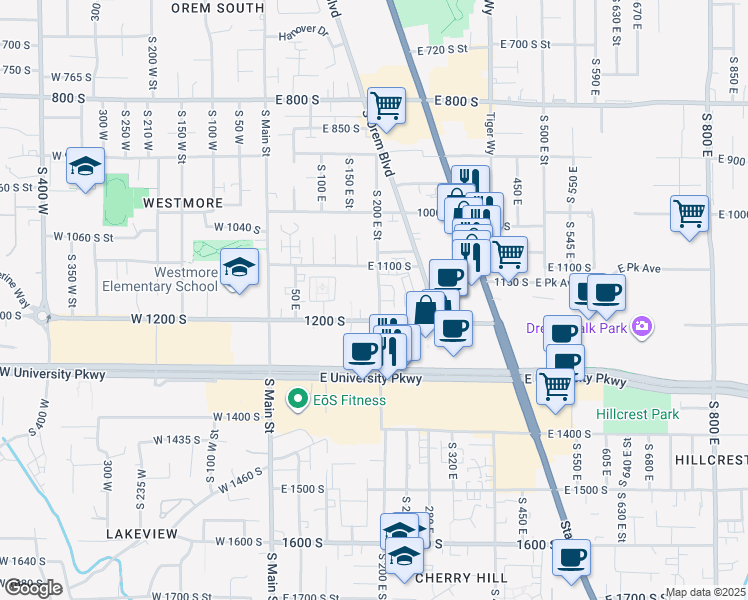 map of restaurants, bars, coffee shops, grocery stores, and more near 215 1135 South in Orem
