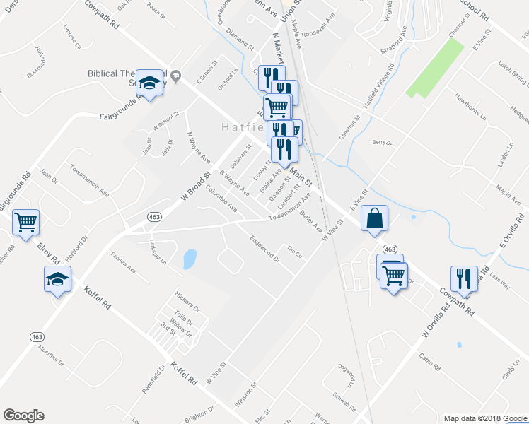 map of restaurants, bars, coffee shops, grocery stores, and more near 226 South Wayne Avenue in Hatfield