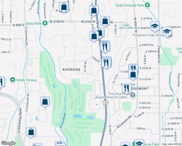 map of restaurants, bars, coffee shops, grocery stores, and more near 3212 North Shadowbrook Drive in Provo