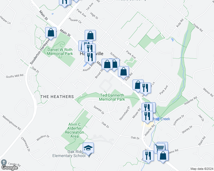map of restaurants, bars, coffee shops, grocery stores, and more near 320 Broad Street in Harleysville