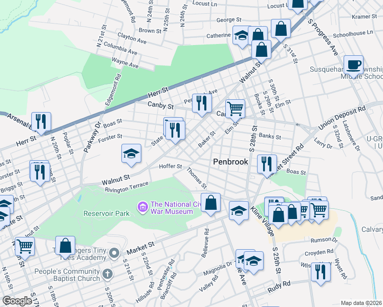 map of restaurants, bars, coffee shops, grocery stores, and more near 2506 Boas Street in Harrisburg