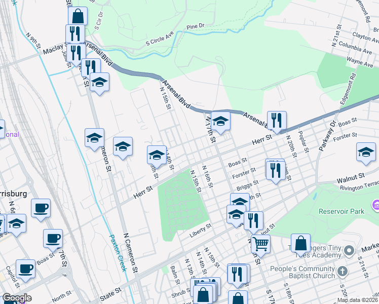 map of restaurants, bars, coffee shops, grocery stores, and more near 1302 North 15th Street in Harrisburg