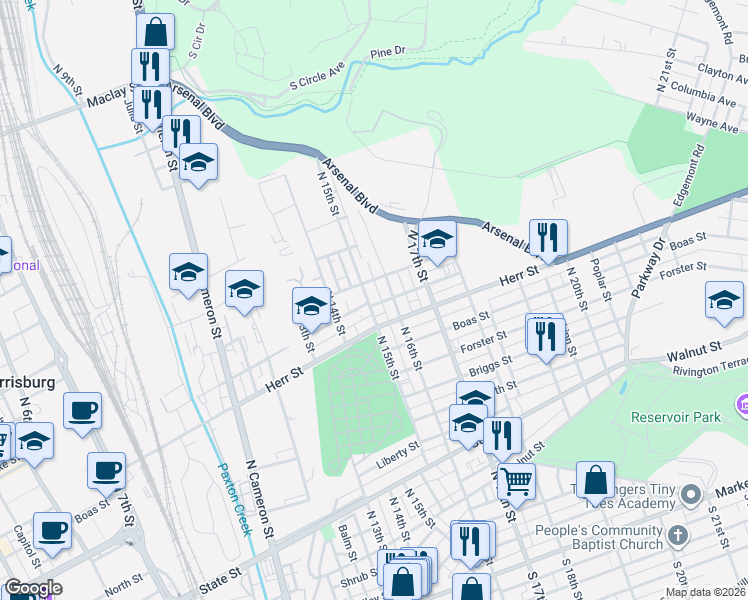 map of restaurants, bars, coffee shops, grocery stores, and more near 1302 North 15th Street in Harrisburg