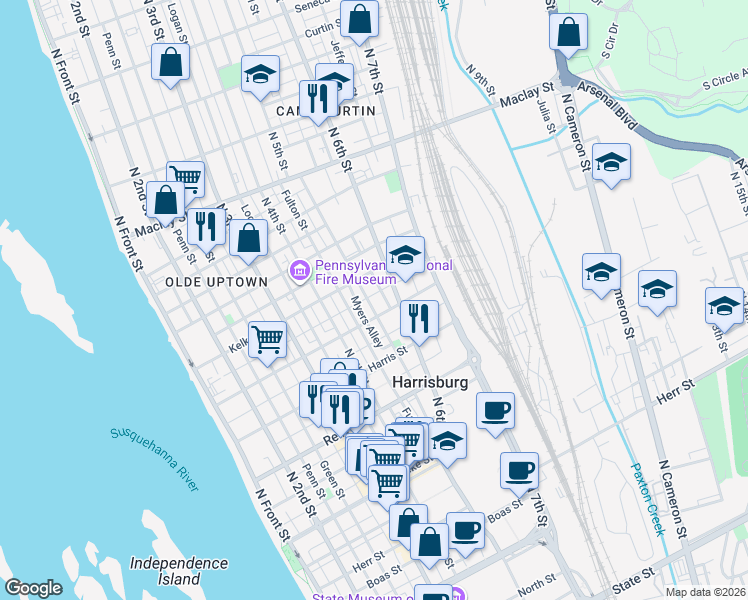 map of restaurants, bars, coffee shops, grocery stores, and more near 1728 North 6th Street in Harrisburg