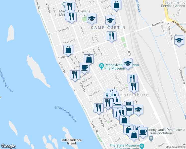 map of restaurants, bars, coffee shops, grocery stores, and more near 1907 Susquehanna Street in Harrisburg