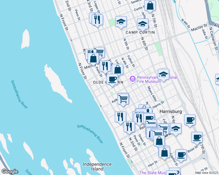 map of restaurants, bars, coffee shops, grocery stores, and more near 216 Muench Street in Harrisburg