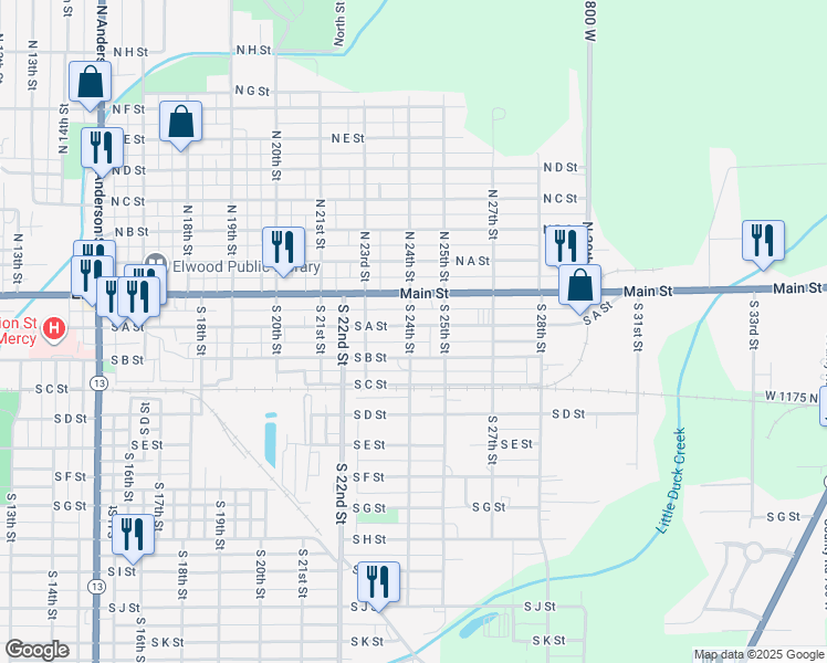 map of restaurants, bars, coffee shops, grocery stores, and more near 6 South 24th Street in Elwood