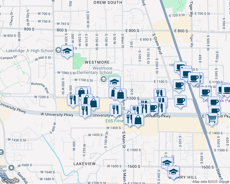 map of restaurants, bars, coffee shops, grocery stores, and more near 1150 South Main Street in Orem