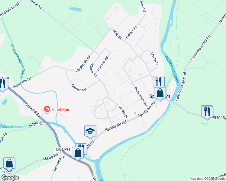 map of restaurants, bars, coffee shops, grocery stores, and more near 91 Village Drive in Schwenksville