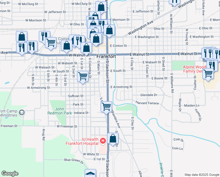 map of restaurants, bars, coffee shops, grocery stores, and more near 603 South Jackson Street in Frankfort