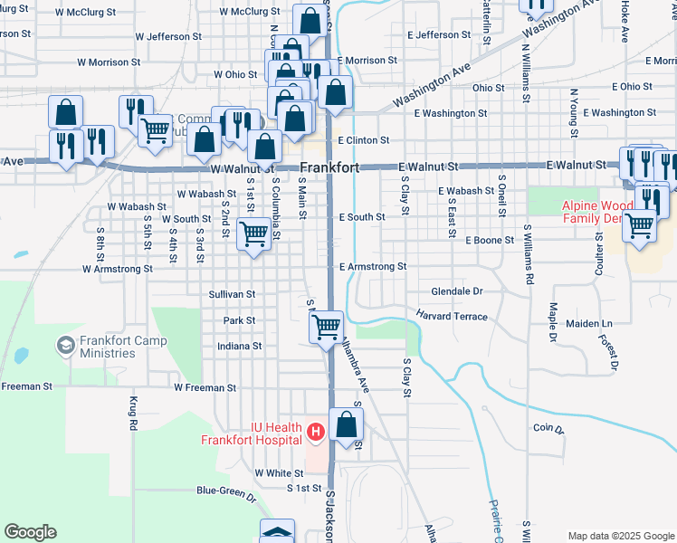 map of restaurants, bars, coffee shops, grocery stores, and more near 603 South Jackson Street in Frankfort