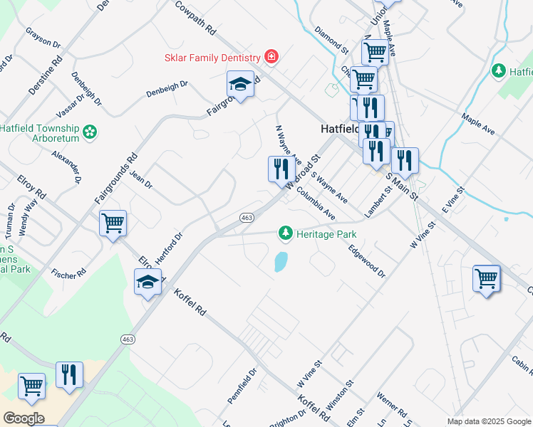 map of restaurants, bars, coffee shops, grocery stores, and more near 328 West Broad Street in Hatfield
