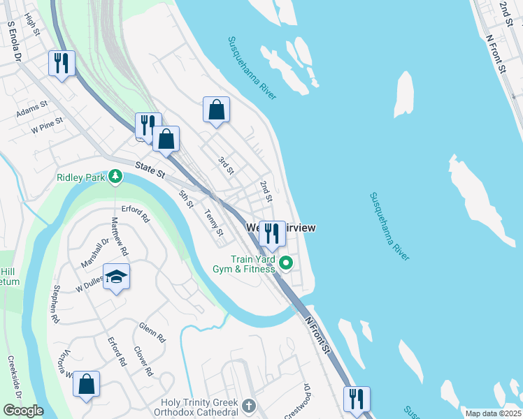 map of restaurants, bars, coffee shops, grocery stores, and more near 254 Clay Street in West Fairview