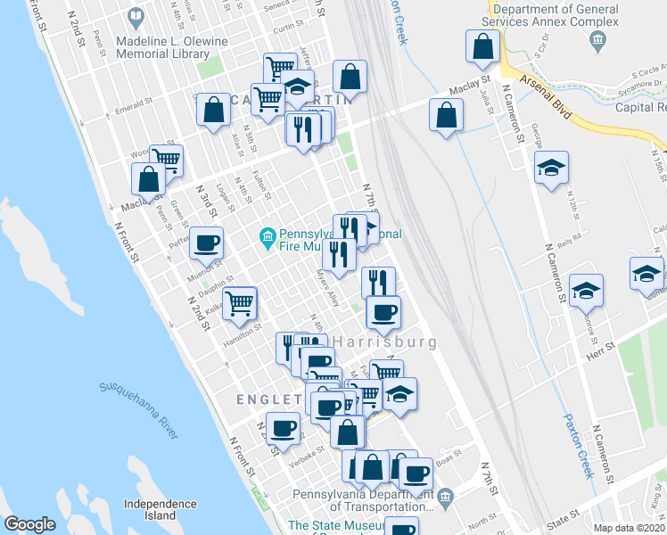 map of restaurants, bars, coffee shops, grocery stores, and more near 1717 North 5th Street in Harrisburg