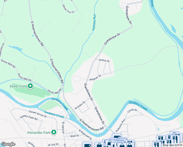 map of restaurants, bars, coffee shops, grocery stores, and more near 57 Grandview Road in Hummelstown