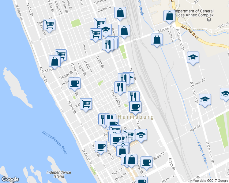 map of restaurants, bars, coffee shops, grocery stores, and more near 1720 North 5th Street in Harrisburg