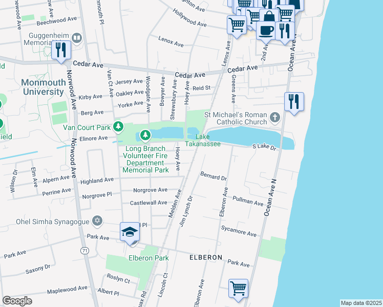 map of restaurants, bars, coffee shops, grocery stores, and more near 192 Overlook Avenue in Long Branch