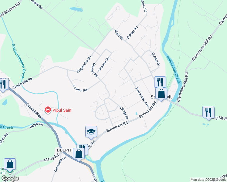 map of restaurants, bars, coffee shops, grocery stores, and more near 91 Village Drive in Schwenksville