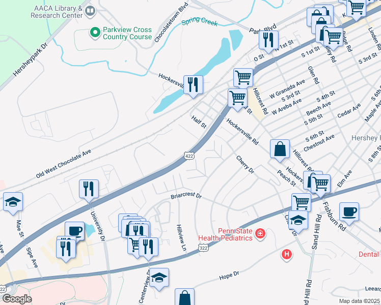 map of restaurants, bars, coffee shops, grocery stores, and more near West Chocolate Avenue in Hershey