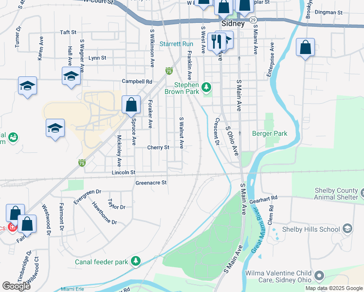 map of restaurants, bars, coffee shops, grocery stores, and more near 810 South Walnut Avenue in Sidney