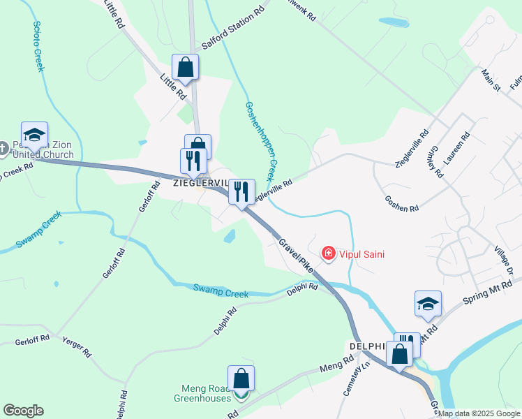 map of restaurants, bars, coffee shops, grocery stores, and more near 1137 Gravel Pike in Schwenksville