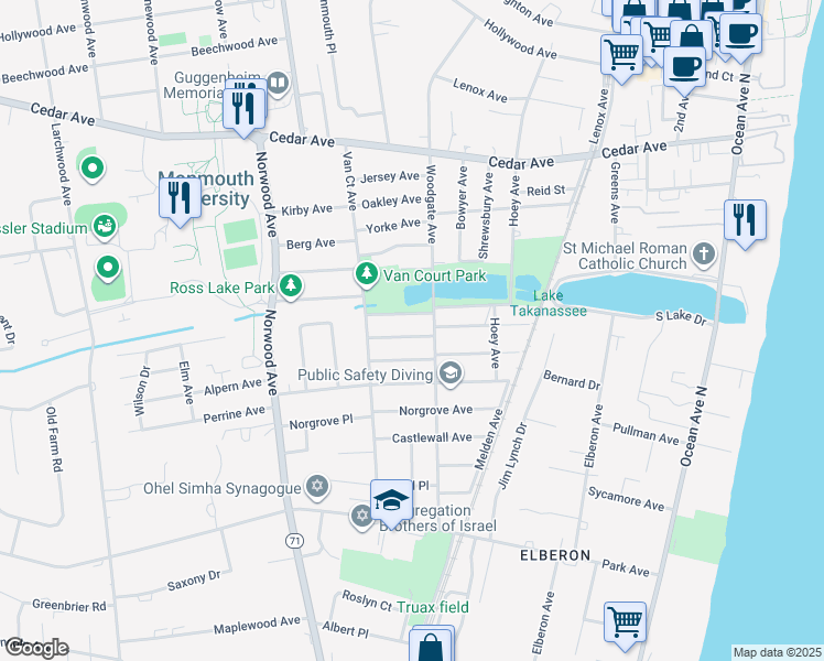 map of restaurants, bars, coffee shops, grocery stores, and more near 292 Overlook Avenue in Long Branch