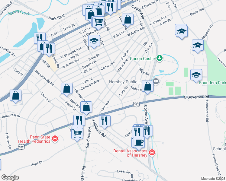 map of restaurants, bars, coffee shops, grocery stores, and more near 352 Maple Avenue in Hershey