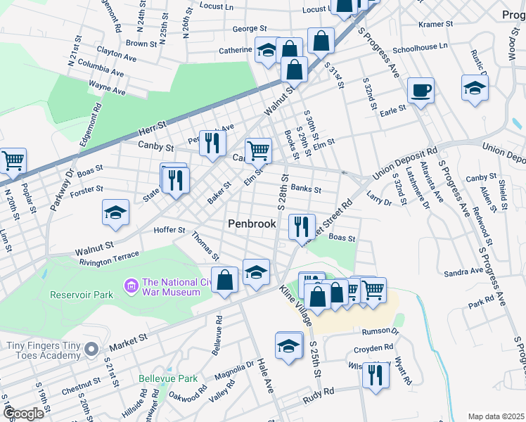 map of restaurants, bars, coffee shops, grocery stores, and more near 2713 Butler Street in Penbrook