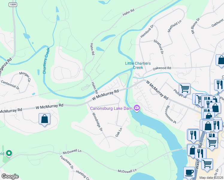 map of restaurants, bars, coffee shops, grocery stores, and more near 1044 Waterford Court in Canonsburg