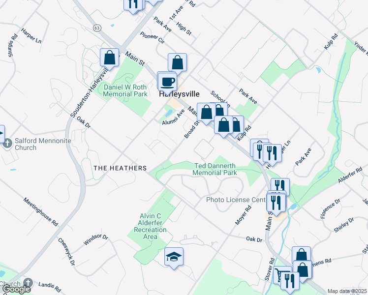 map of restaurants, bars, coffee shops, grocery stores, and more near 335 Broad Street in Harleysville