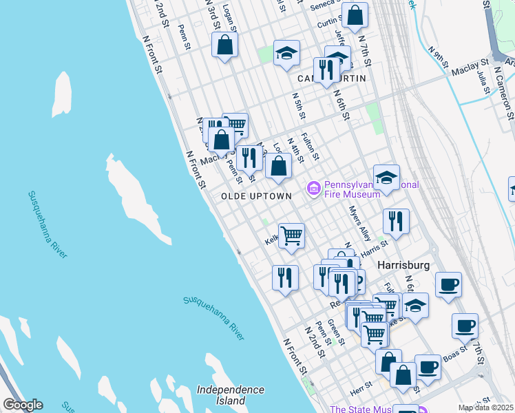 map of restaurants, bars, coffee shops, grocery stores, and more near 1907 Penn Street in Harrisburg