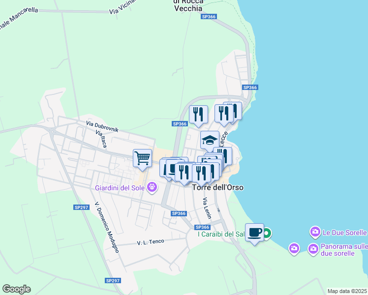 map of restaurants, bars, coffee shops, grocery stores, and more near Via Massimo d'Antona in Torre Dell'Orso