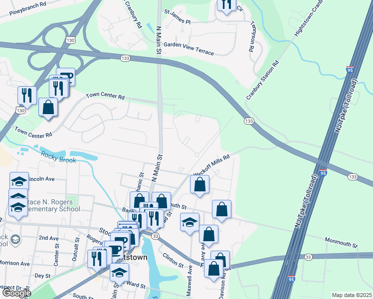 map of restaurants, bars, coffee shops, grocery stores, and more near 17 Dennis Court in Hightstown